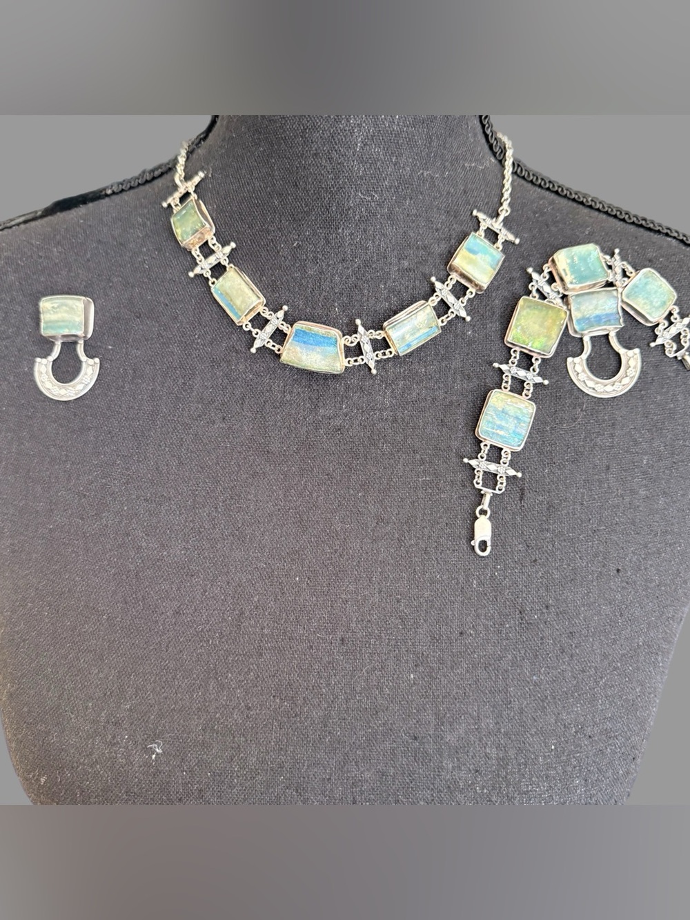 Roman glass,sterling silver 925 set of earrings necklace and bracelet hand made